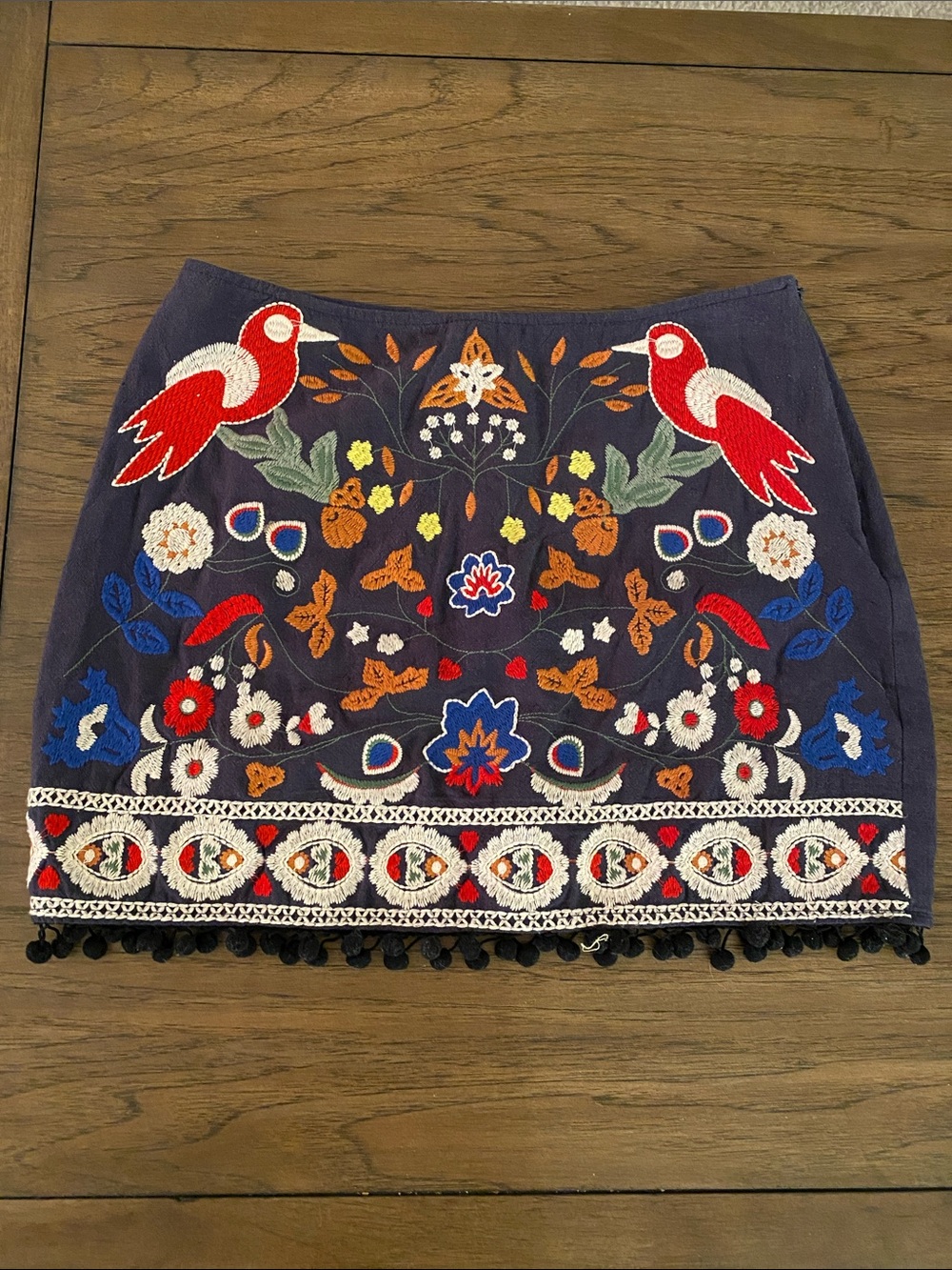 Umgee Boho Navy Embroidered Floral Bird Mini Skirt Pom Pom Hem